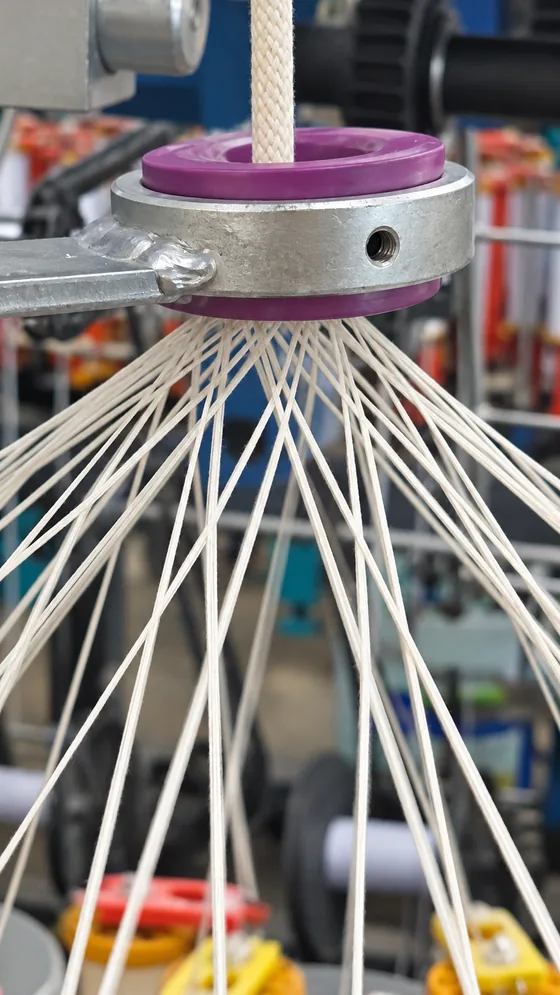 Threads converging into a braid in our Jaipur factory