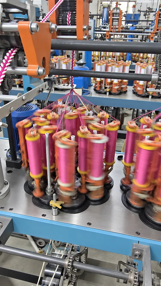 Pink and white braid production in our Jaipur factory