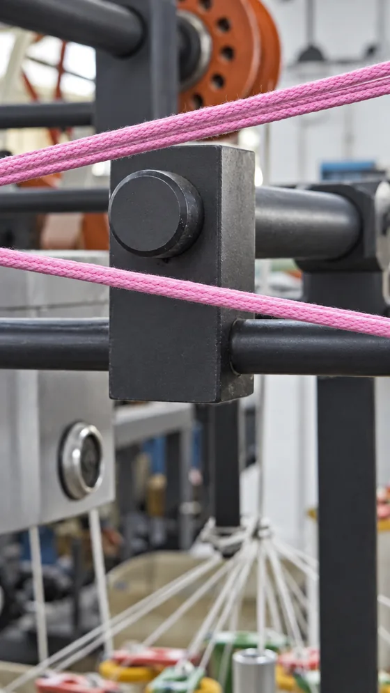 Pink cord take-up mechanism in our Jaipur factory