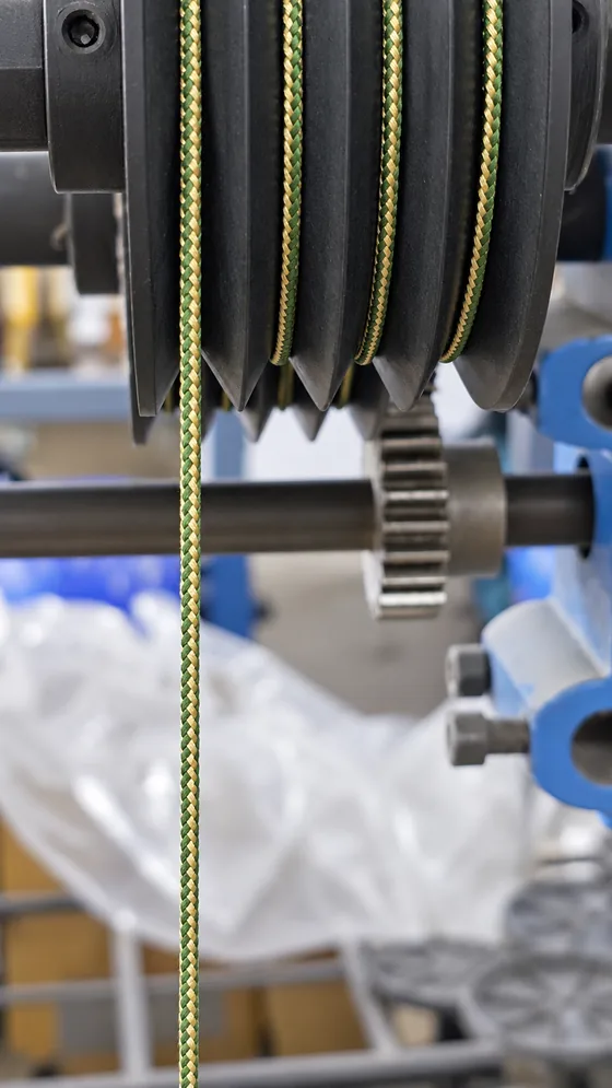 Green patterned cord take-up in our Jaipur factory