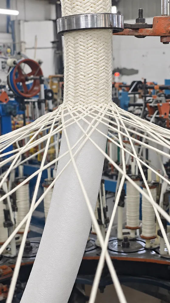 Wide white braid formation in our Jaipur factory