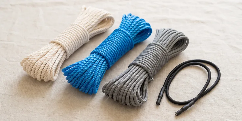 Three hanks of clothesline rope on pale linen — natural white twisted cotton, blue polypropylene and grey braided polyester — beside a length of black elasticated bungee line with sealed ends