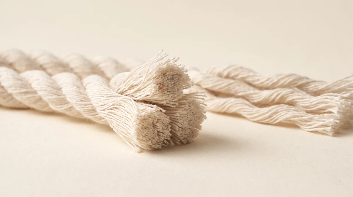 Cut end of a three-ply cord showing the construction a spec has to name