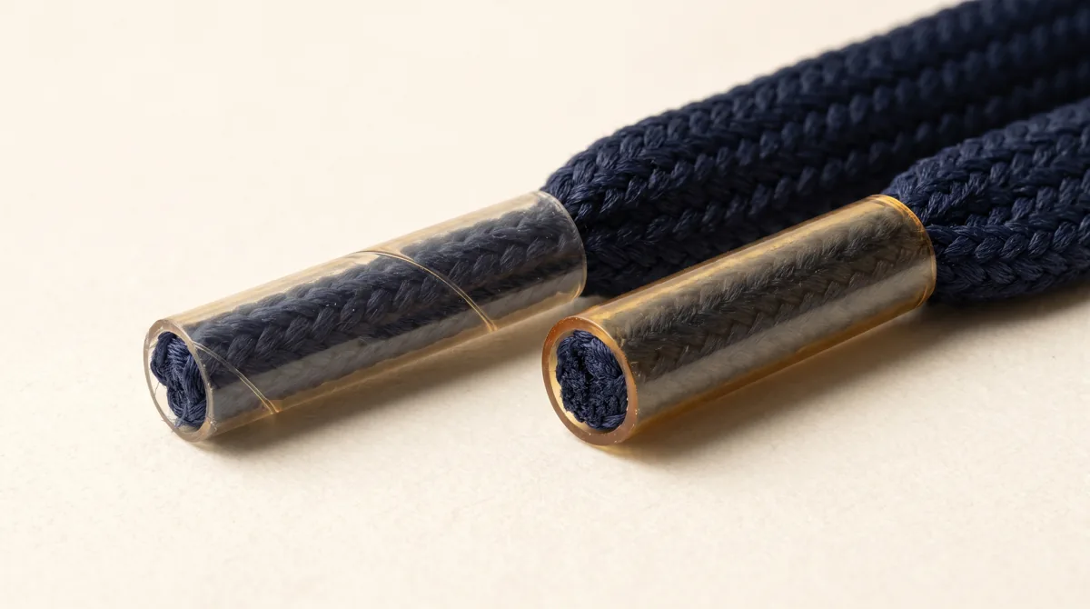 Acetate film aglets on navy flat shoelaces shown in profile and end-on