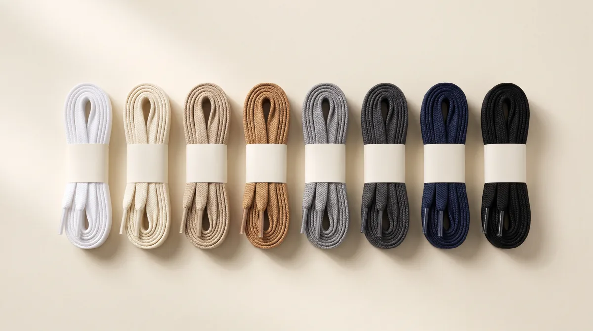 Eight pairs of flat shoelaces in a white to black shade ladder