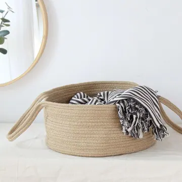 Collapsible Woven Cotton Rope and Jute Laundry Hamper, photo 3