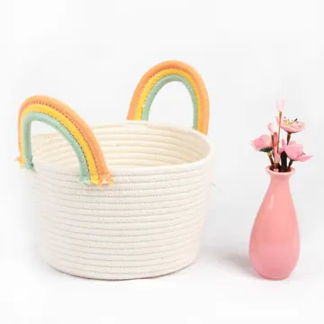 Woven Polycotton Rope Nursery Basket with Rainbow Handle