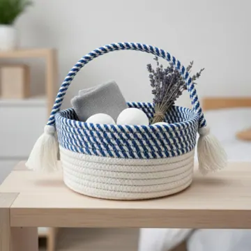 Round Cotton Rope Storage Basket with Tasselled Handle