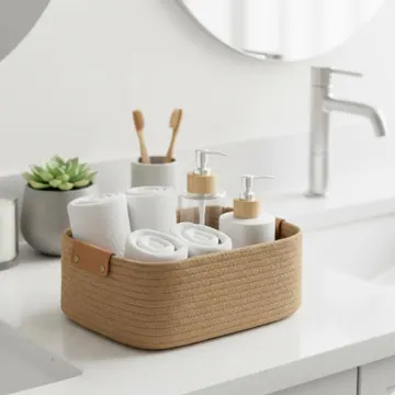 Rectangular Woven Jute Storage Basket with Leather Handles, photo 2