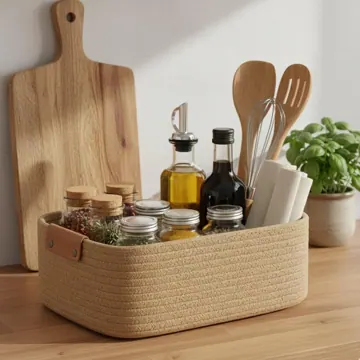 Rectangular Woven Jute Storage Basket with Leather Handles, photo 3