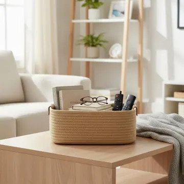 Rectangular Woven Jute Storage Basket with Leather Handles, photo 4