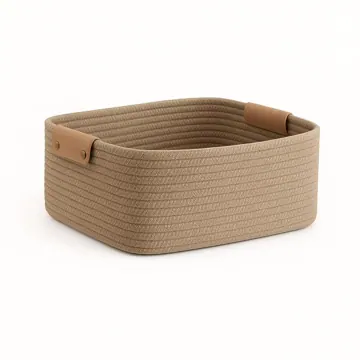 Rectangular Woven Jute Storage Basket with Leather Handles, photo 6