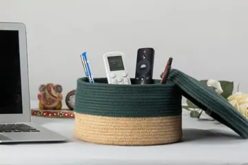 Army Green Jute Basket with Lid, 8 x 3 Inch