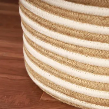 Round Striped Jute and Cotton Laundry Basket with Lid, Brown