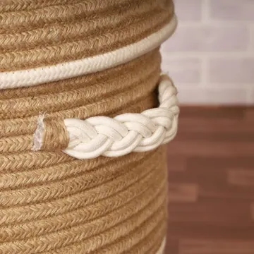 Round Striped Jute and Cotton Laundry Basket with Lid, Brown, photo 3