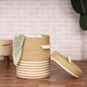 Round Striped Jute and Cotton Laundry Basket with Lid, Brown, photo 4