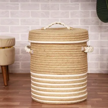 Round Striped Jute and Cotton Laundry Basket with Lid, Brown, photo 5