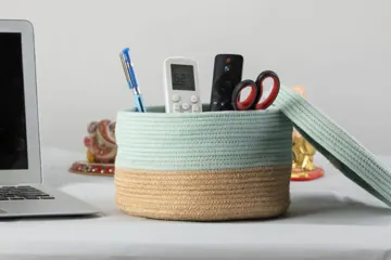 Jute and Polycotton Storage Basket with Lid, 8 x 3 Inch, photo 6