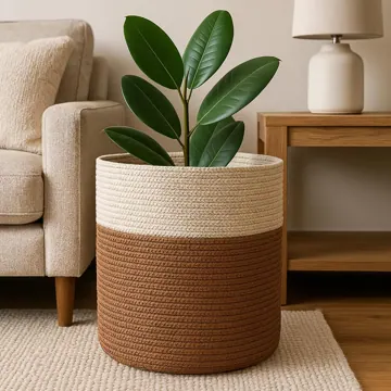 Round Polyester Rope Laundry Hamper with Handles, Brown