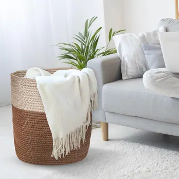 Round Polyester Rope Laundry Hamper with Handles, Brown, photo 2