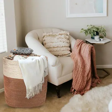 Round Polyester Rope Laundry Hamper with Handles, Brown, photo 4
