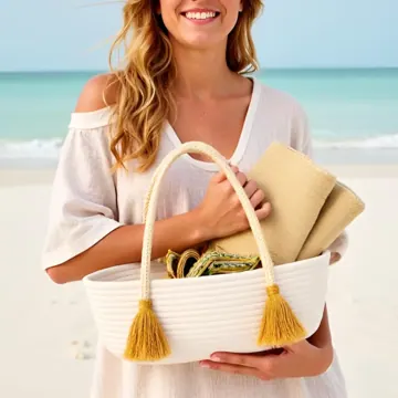 Oval Woven Cotton Rope Tote Bag with Tassel Handles, photo 3
