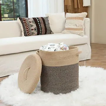 Woven Cotton Rope Laundry Basket with Lid, 35 x 35 x 45 cm