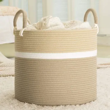 Round Polycotton Rope Laundry Basket in Brown