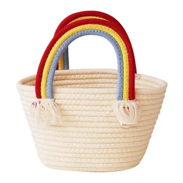 Small Woven Polycotton Rope Basket Handbag, Rainbow Clouds