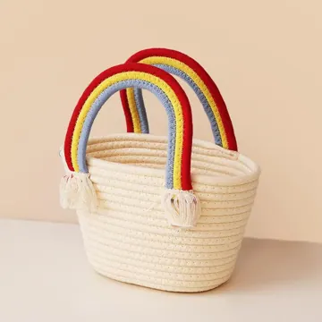 Small Woven Polycotton Rope Basket Handbag, Rainbow Clouds, photo 2